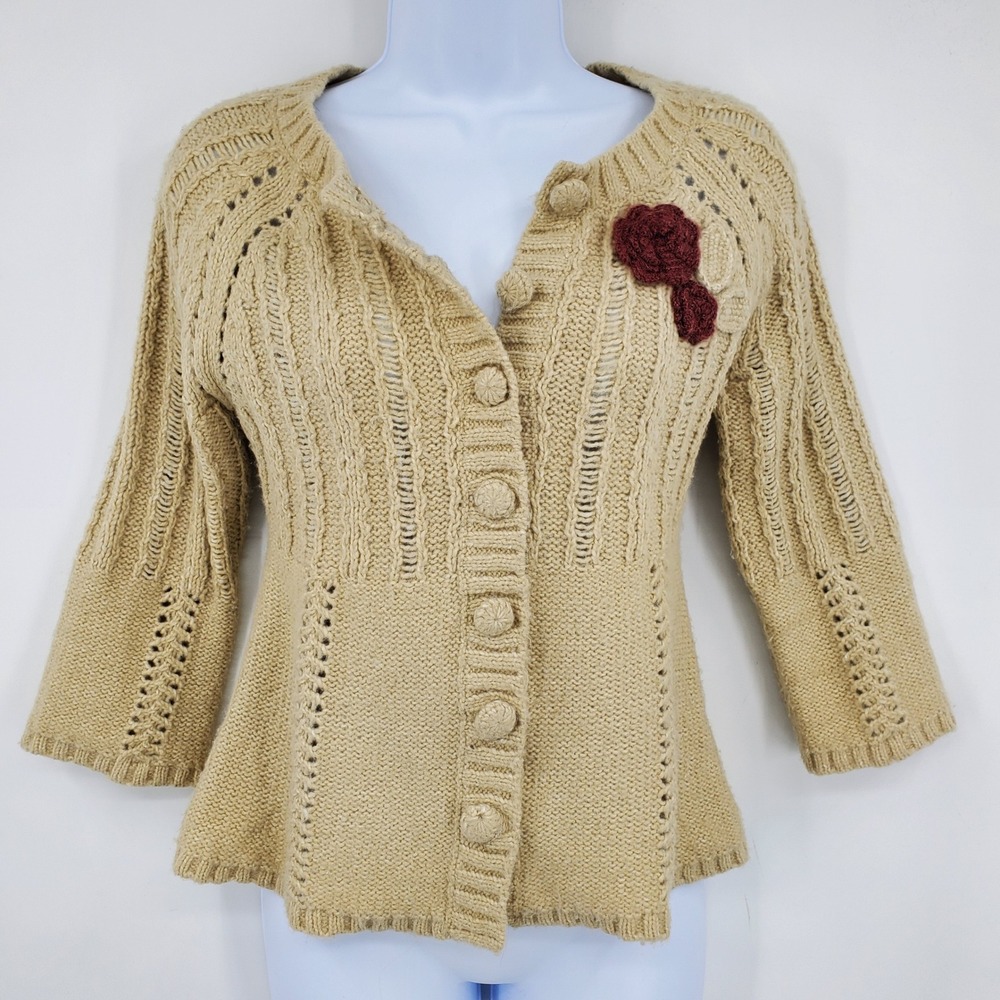 DKNY‎ Petites Beige Chunky Knit Cardigan Crochet Flower Button Front P Cottage